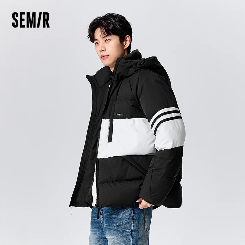 Semir Down Jacket Men Contrasting Color Splicing Sporty Style Coat Texture Fashion Embroidered Hooded Winter Clothing