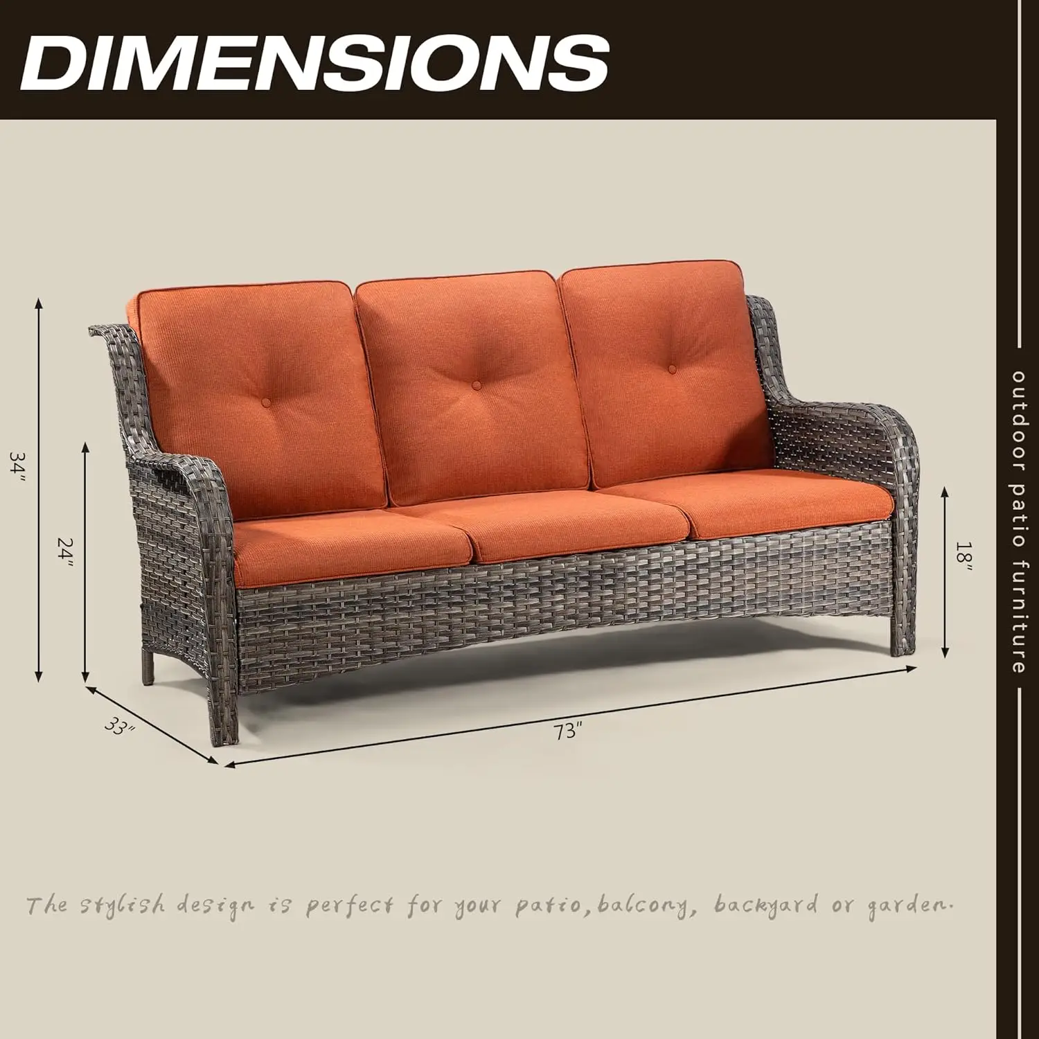 Outdoor Patio Couch Wicker Sofa - 3 Seater Rattan Sofa for Outside Patio Garden with Deep Seating and Olefin Cushions(Mixed Grey