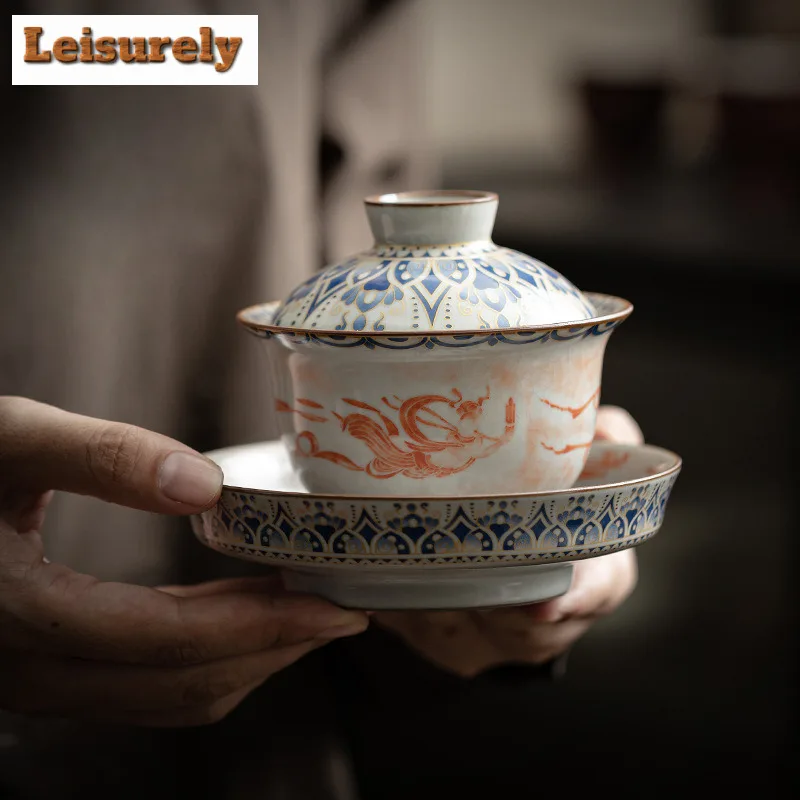 170ml Imitation Song Ru Kiln Gaiwan Elegant Dunhuang Apsaras Tea Tureen Tea Brewing Cover Bowl Tea Ceremony Supplies Ornaments