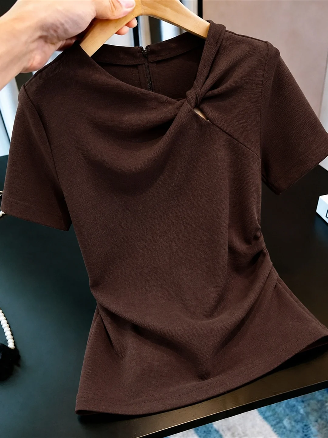 

Casual Style Knot Design Short Sleeve T-Shirt Commute Versatile Vintage Top Summer Office Small Shirt Korean Version Straight...