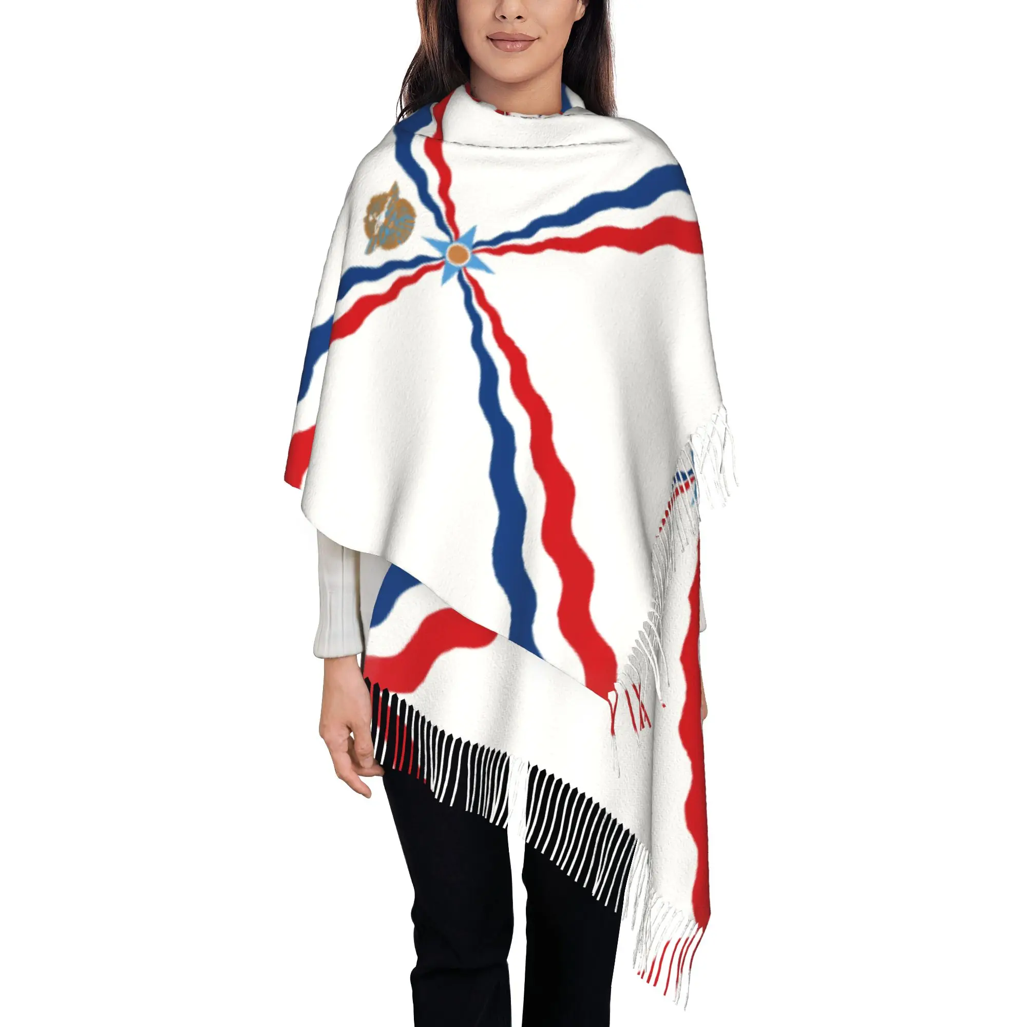 Custom Female Long Assyrian Ethnic Flag Print Scarves Women Winter Fall Thick Warm Tassel Shawl Wraps  Scarf