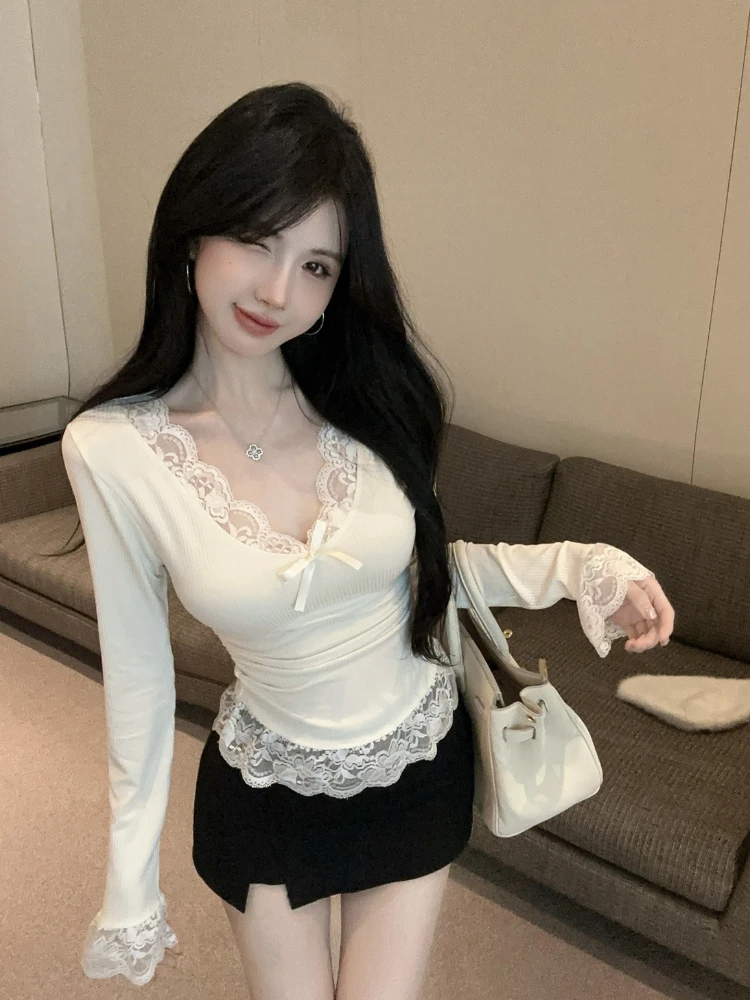 Long Sleeve T-shirts Women Lace Patchwork Designed Aesthetic Clothing Sweet Sexy Girl Y2k Top Skinny Spring Autumn Basic Ins