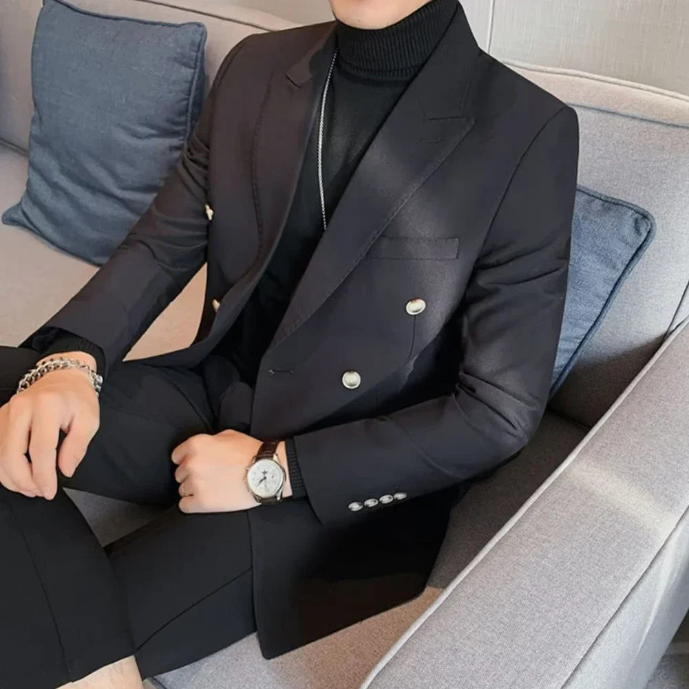 Business XL Peak Lapel Suit Coat Polyester Fabric Blazer Slight Stretch Blazer Solid Color Blazer Spring Autumn Blazer