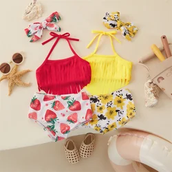 Tregren-traje de baño para niñas pequeñas, bañador con Top de borla + Pantalones cortos con estampado de fresas/Flores, diadema, Bikini de 3 piezas, traje de baño dividido