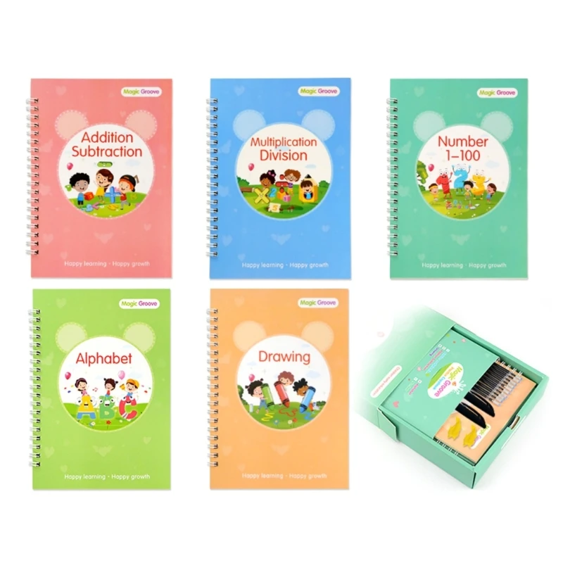 Magic Practice Copybook 5Books with Refillable Pens, Reusable Writing Notebook