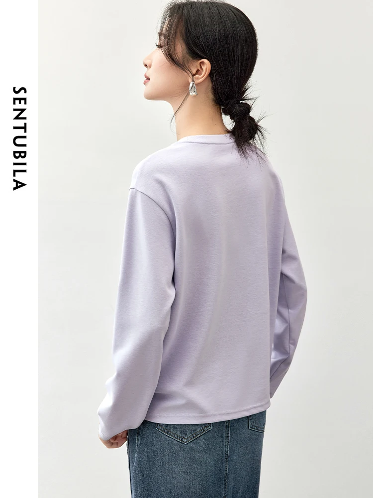 SENTUBILA Casual Letter Printing Cotton Sweatshirt for Women 2024 Autumn Knit Round Neck Long Sleeve Simple Women Top 143T56706