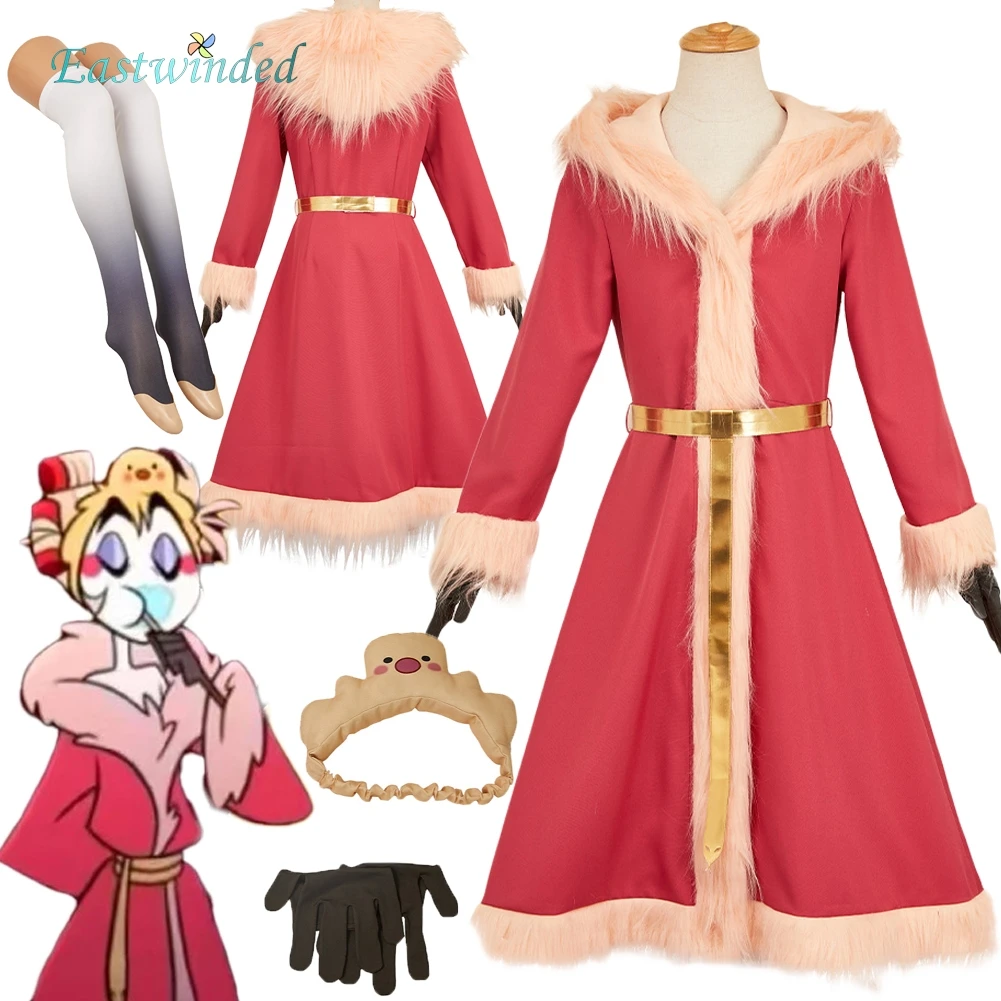 لوسيفر هيل إن 2 فندق تأثيري الأحمر البشكير زي معطف بطة صفراء هيرباند الملابس مجموعة هالوين كرنفال أفخم وتتسابق