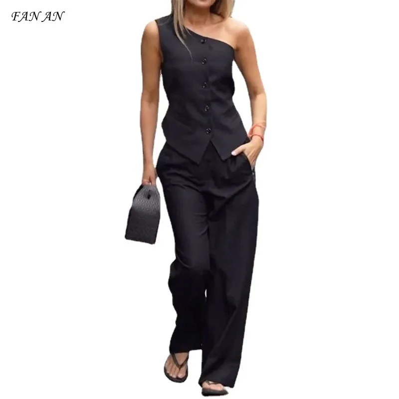 

2024 Summer Pre-fall New Fashion Sleeveless Sleeveless High-waisted Straight Pants Casual Commuter Suit Women's Two-piece Set