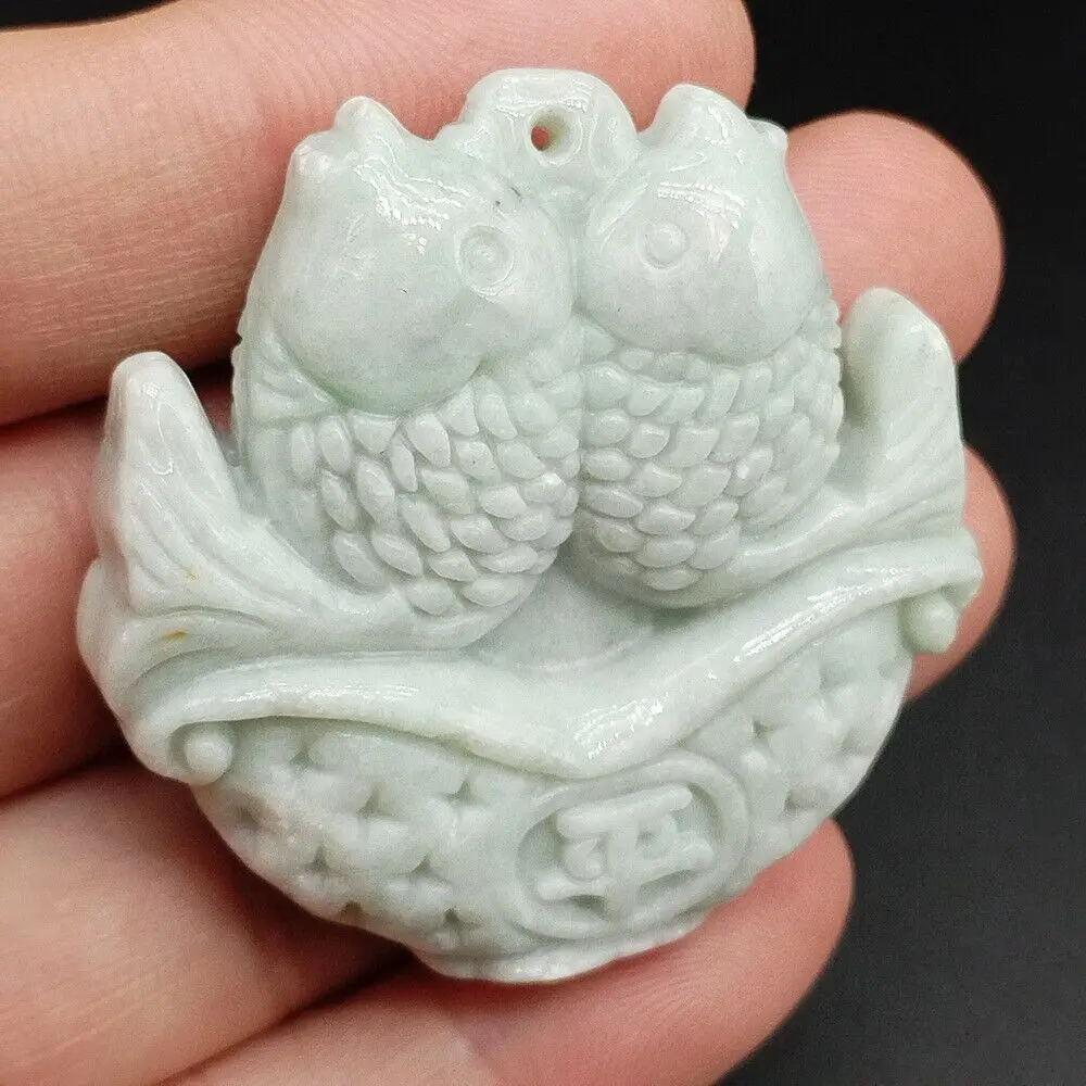 

Сертифицированная зеленая лаванда, натуральный жадеитовый резной подвесной безопасный кулон с двойной рыбой