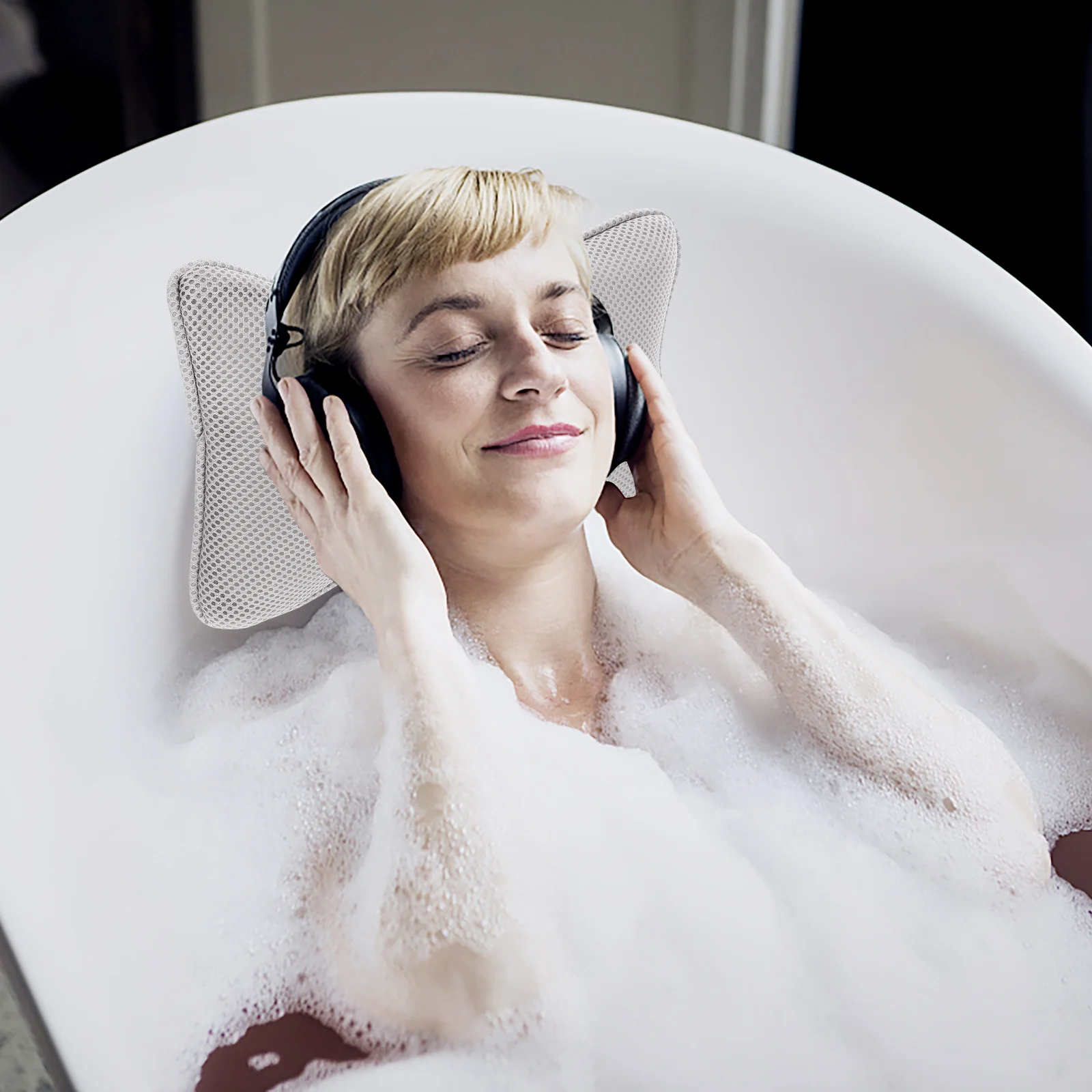 

1pc Bathtub Pillow Grey Non-Slip Suction Cups Head Neck Support For Bath Spa Soak Tub Corner Oval Straight Back