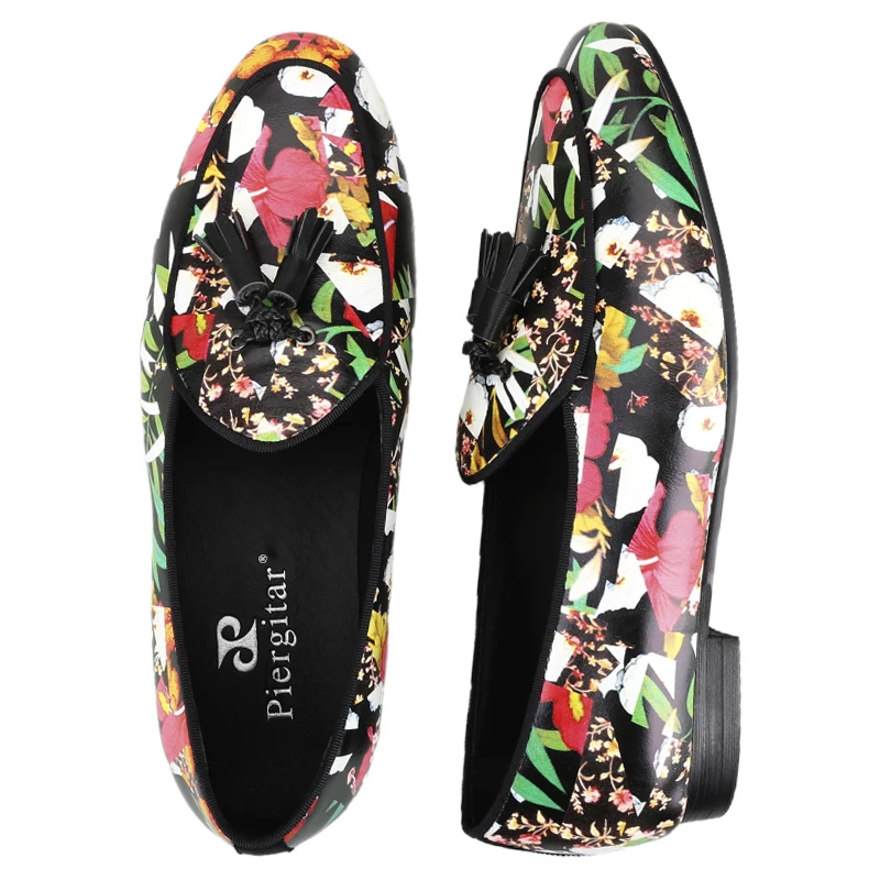 Piergitar Tropical Rainforest Printed Calfskin Men's Loafers With Handmade Leather Fringes Slip-On Slippers For Pary And Prom - view 5