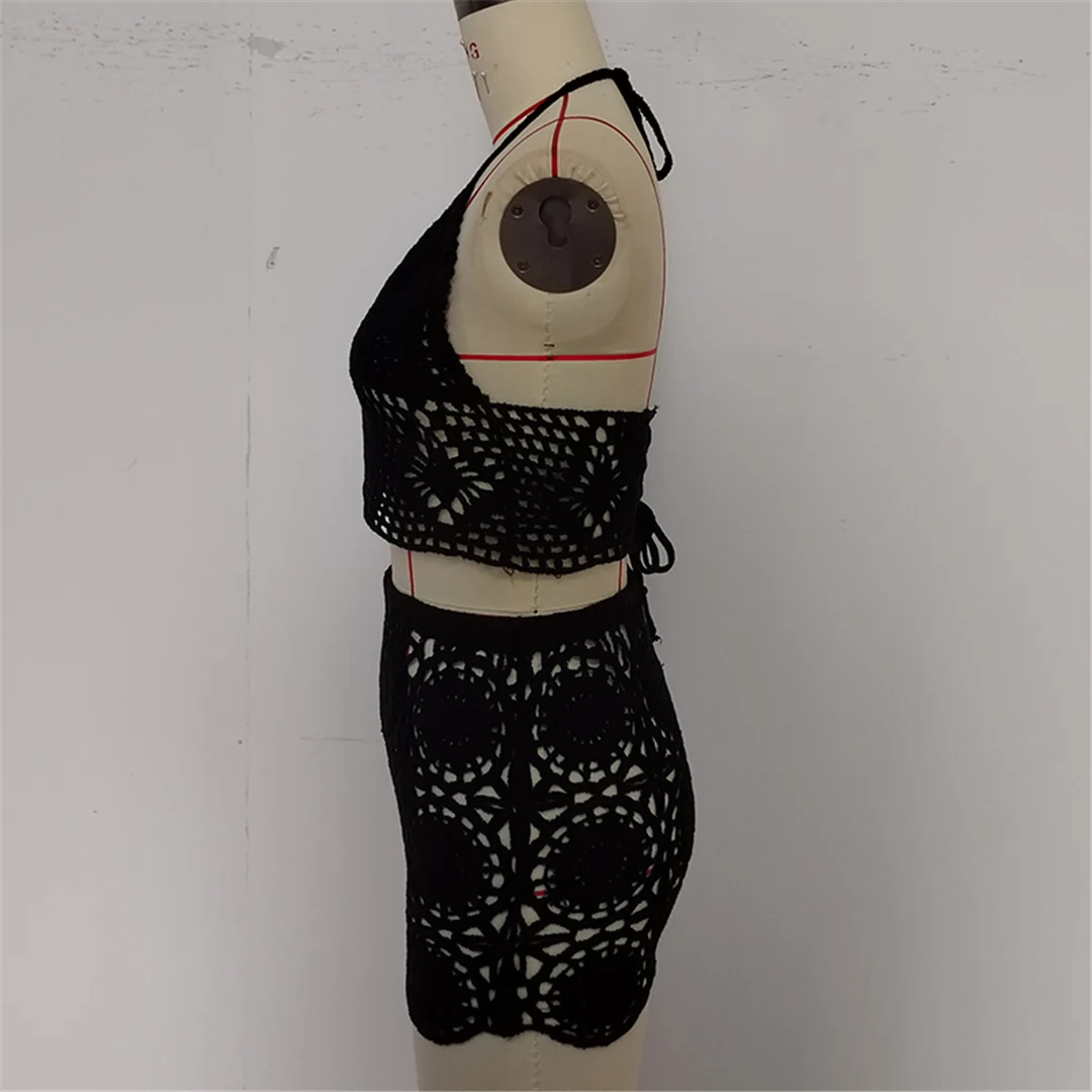 Halterneck, ausgehöhlt, gehäkelt, gestrickt, zweiteiliger Anzug, Strand-Überwurf, Strandshorts, Strandkleidung, Damenmode, V6524 – Detail 15
