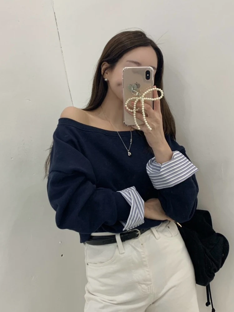 肩出し長袖トレーナー レディース ルーズフィット カジュアル シック 春 トップス ワンピース 韓国風 ショート丈 クルーネック