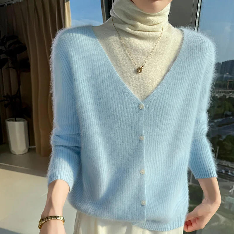 

Осенне-зимний модный норковый кашемировый кардиган, женский вязаный свитер с v-образным вырезом и шнурком, универсальная приталенная куртка в западном стиле