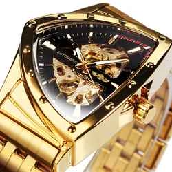 WINNER Military Triangle Skeleton Automatic Watch for Men Sports Luxury Mechanical Watches Gold Stainless Steel Strap Luminous
