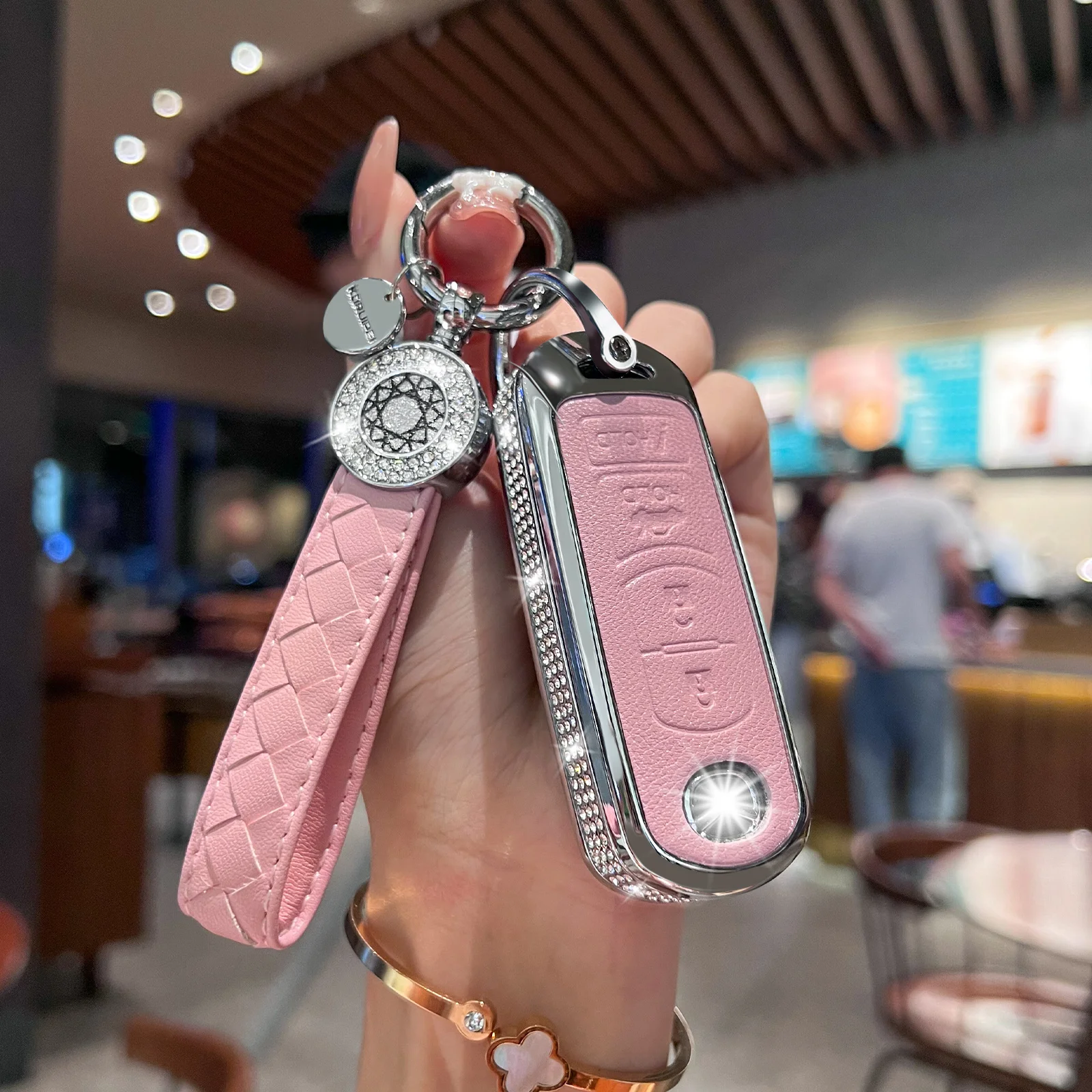 Key Fob Cover Compatible with Mazda, Pink Leather Crystal 360 Degree Protection Key Shell Case for Mazda 3 6 8 Miata MX-5 CX-3 C