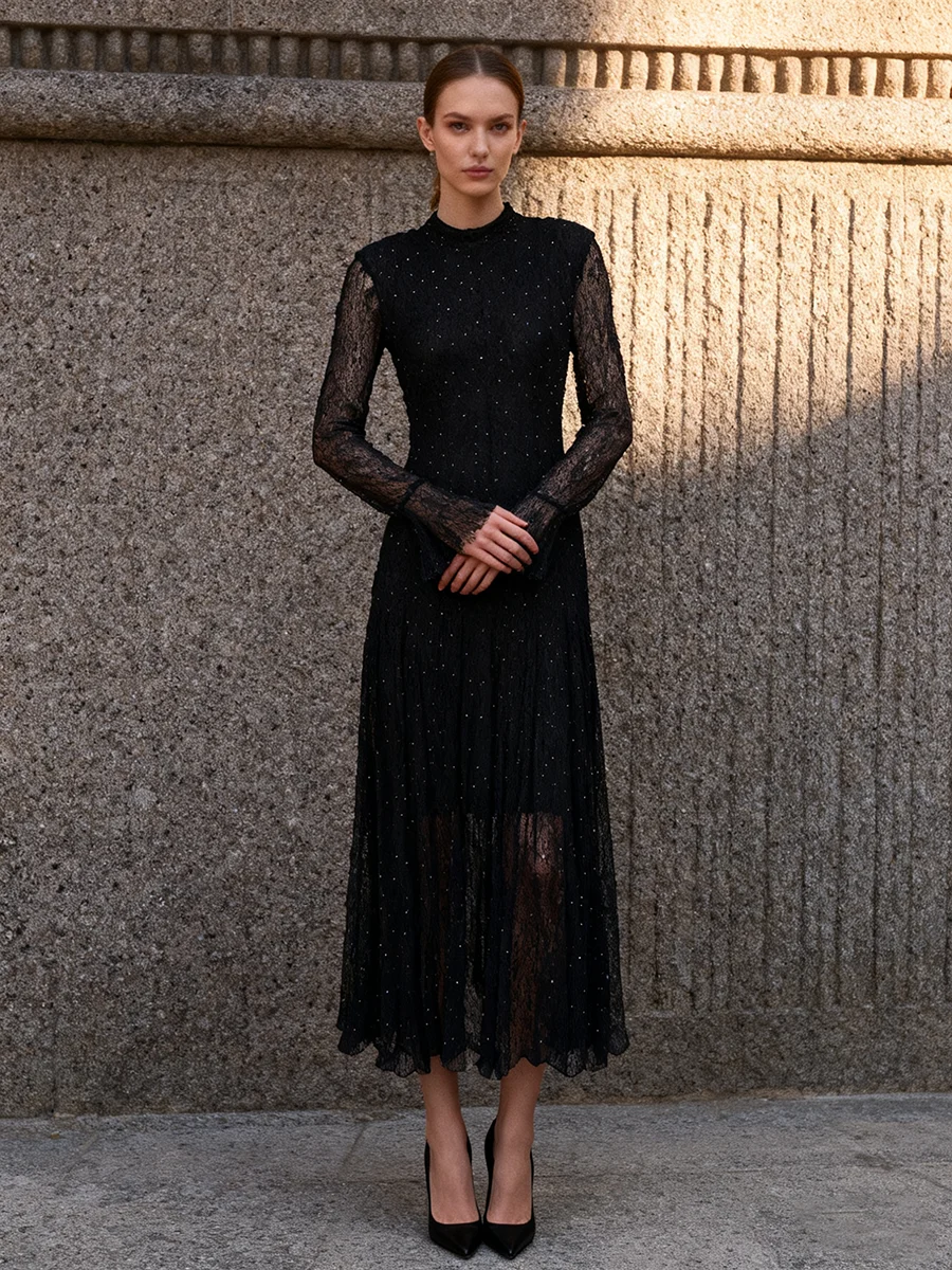 TWOTWINSTYLE Afslanken Sheer Spliced Lace Elegante Jurken voor Vrouwen O Hals Lange Mouwen Patchwork Hot Fix Mode Jurk Vrouwelijke