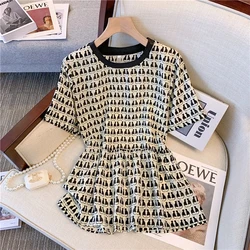 Summer New Round Neck Fashion Short Sleeve T-Shirts Women High Street Casual Slim Printing Pullovers Elegant All-match Tops