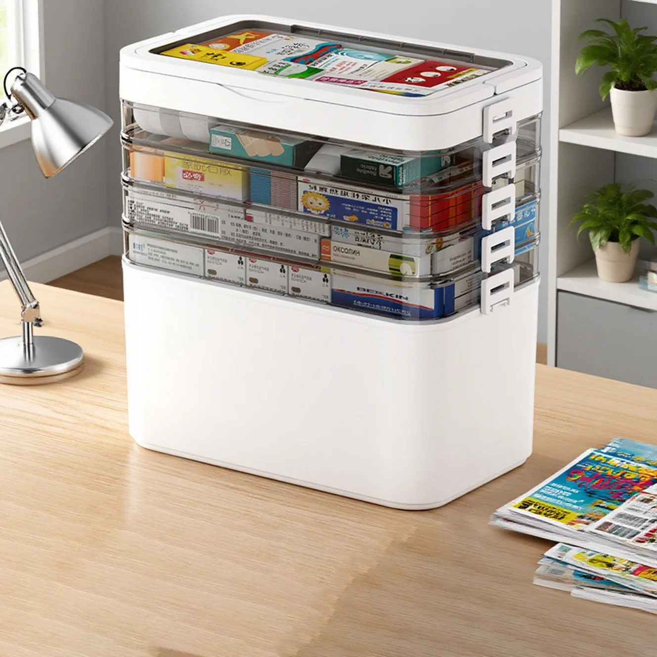 6-Layer Movable Home Storage Box, Stackable Office Stationery Storage Organizer - with Lids Design, Suitable for Documents, Pens, Pencils, Medicine Boxes, Sewing Supplies, Transparent Material, Storage Box, Furniture Storage Box