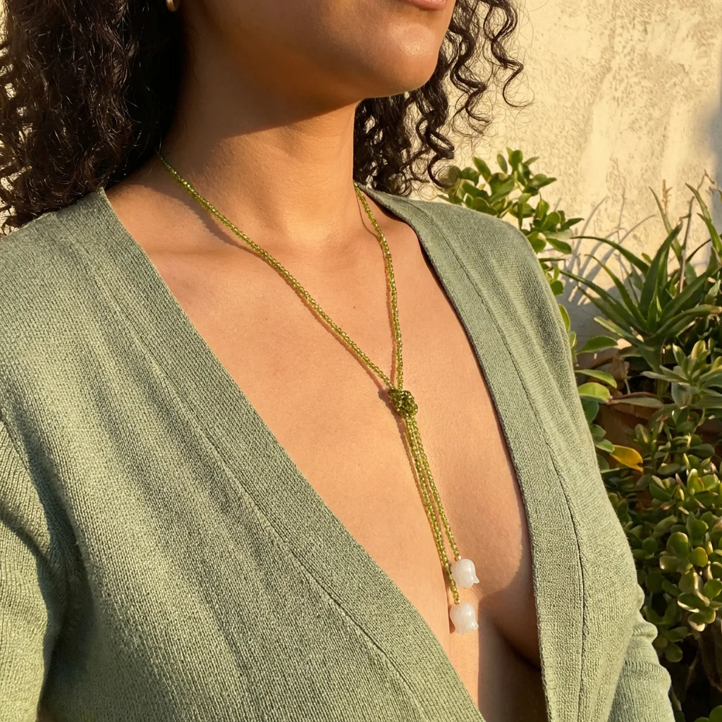Collar Lariat Romántico con Cuentas de Cristal Verde Estilo Fairycore para Mujer, Colgantes de Lirio Blanco, Gargantilla Versátil, Accesorios de Joyería, Regalo