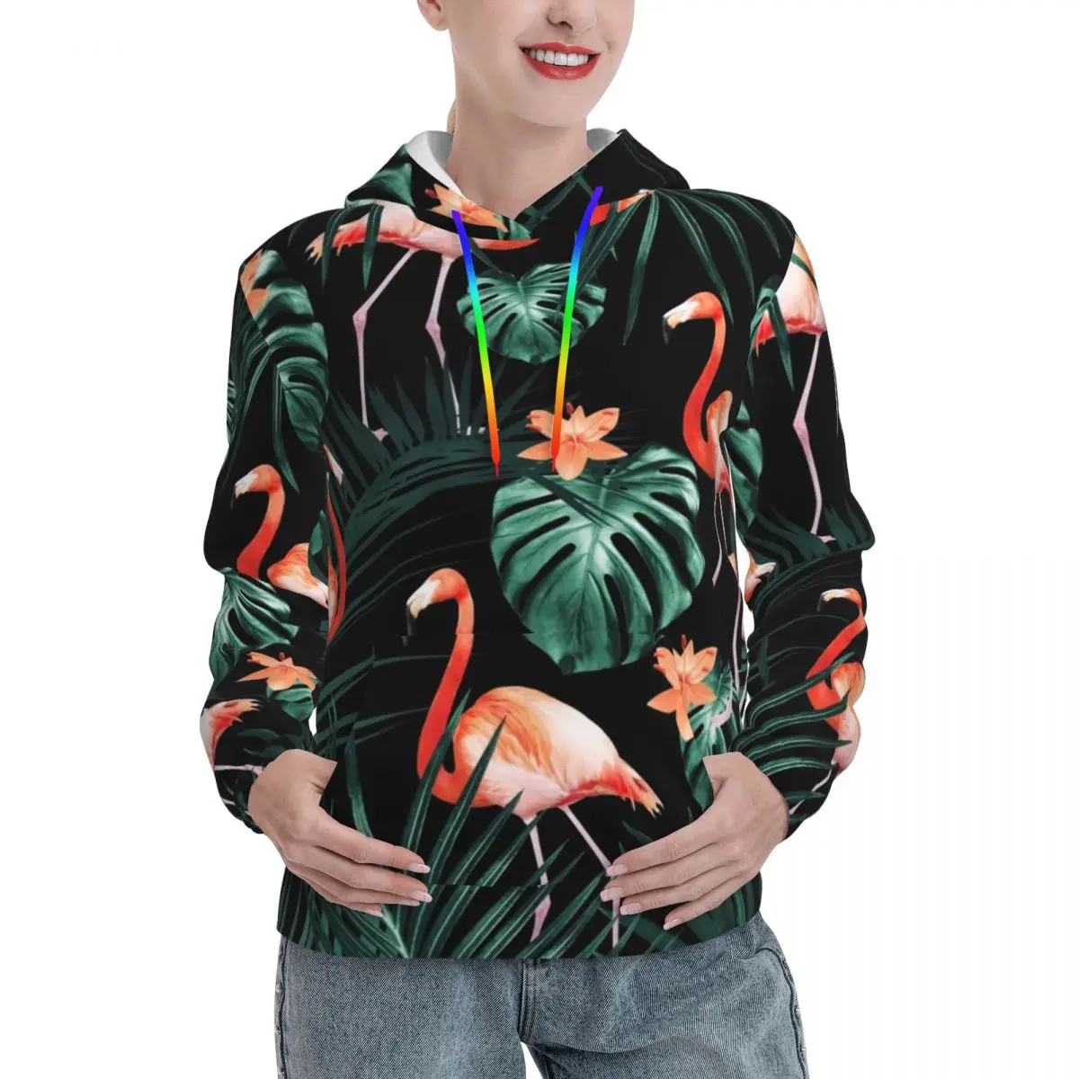 Palms Floral Print Casual Hoodies Unisex Tropical Flamingo Night Modern Hoodie Winter Streetwear Sweatshirts Oversized Top