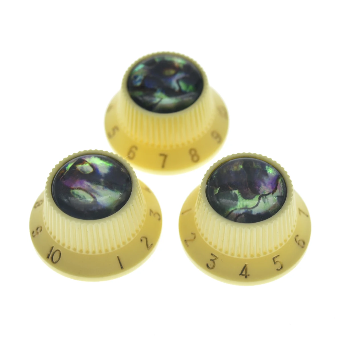 KAISH Set of 3 Plastic Abalone Top ST Strat Knobs Guitar/Bass Knob for Strat with Metic 18 Spline Split Pots White/Black/Cream