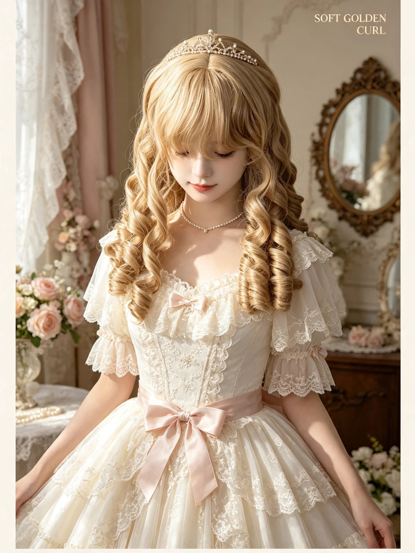 Synthetic 16 Inch Gold Straight Bangs Double Side Roman Curl Long Curly Wig Halloween Cosplay Heat Resistant Fiber Hair