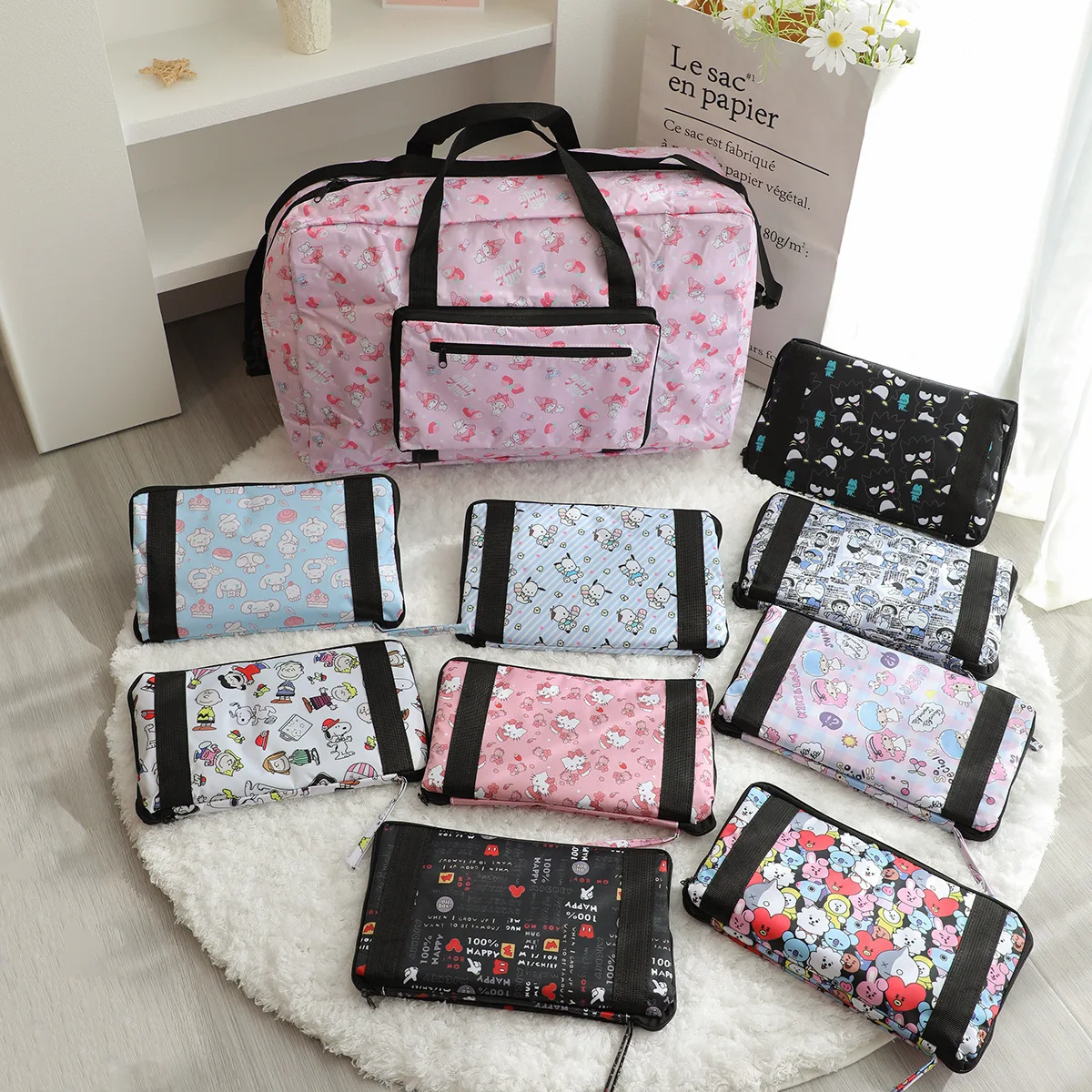 Cute Sanrio Cartoon Melody Hello Kitry Oxford Cloth Portable Folding Storage Bag Duffel Large Capacity Travel Bag Children Gift