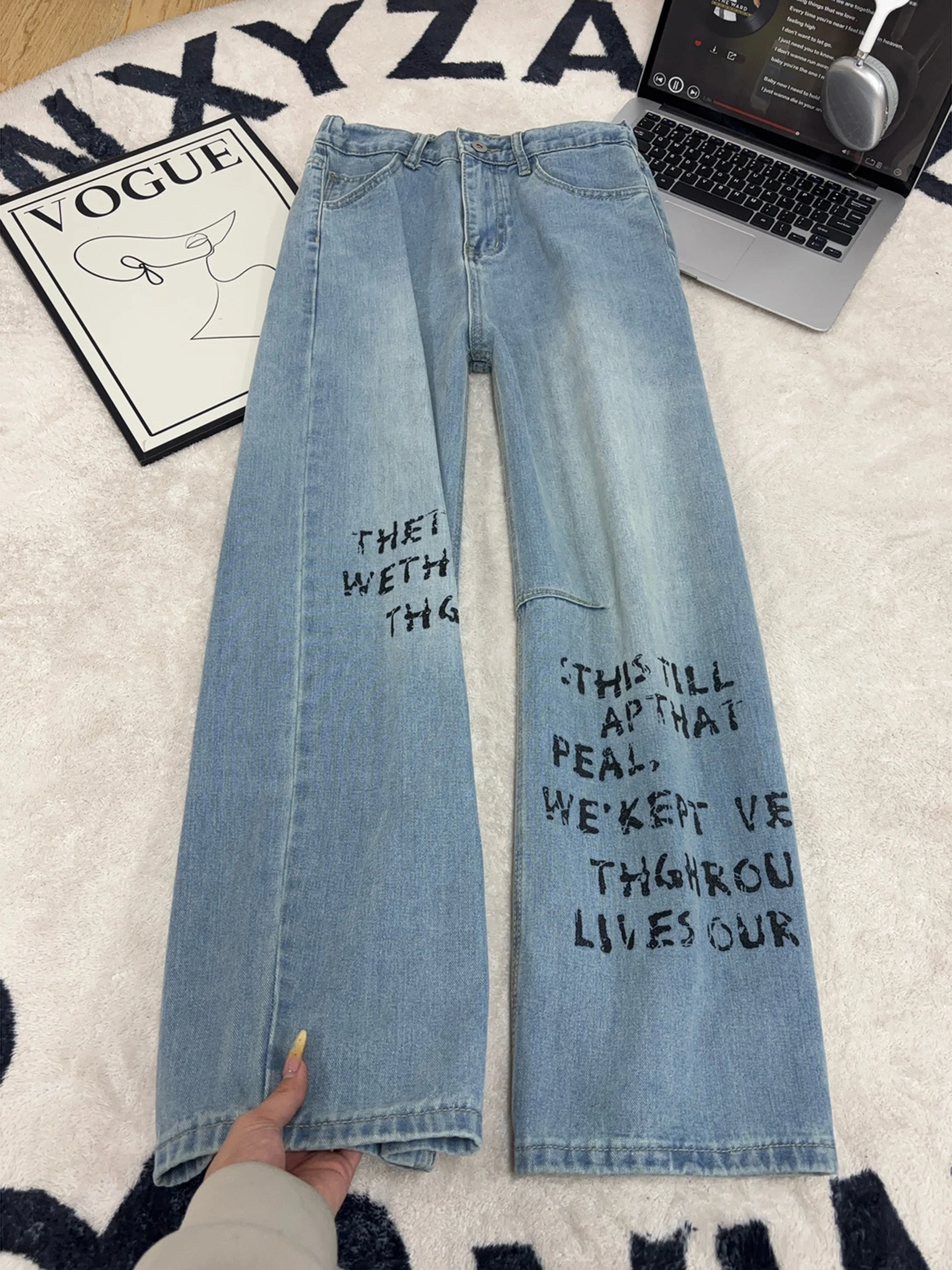 

American Letter Print Trendy Men's Jeans High Street Design Elastic Knife Straight Leg Long Pants Casual Cotton Polyester Blend