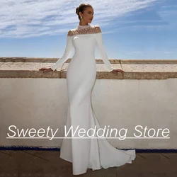 Mermaid Wedding Dress Arabian Bridal Gown Customized Long Sleeves High Neck Pearls Sweep Train Saud Arab Bride Dresses for Woman