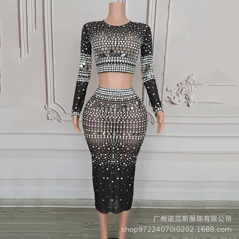 

Black Sequins Sexy Split Two-piece Black Trendy Clothing Catwalk Performance Clothing Female Singer High-end Atmosphere Vestidos