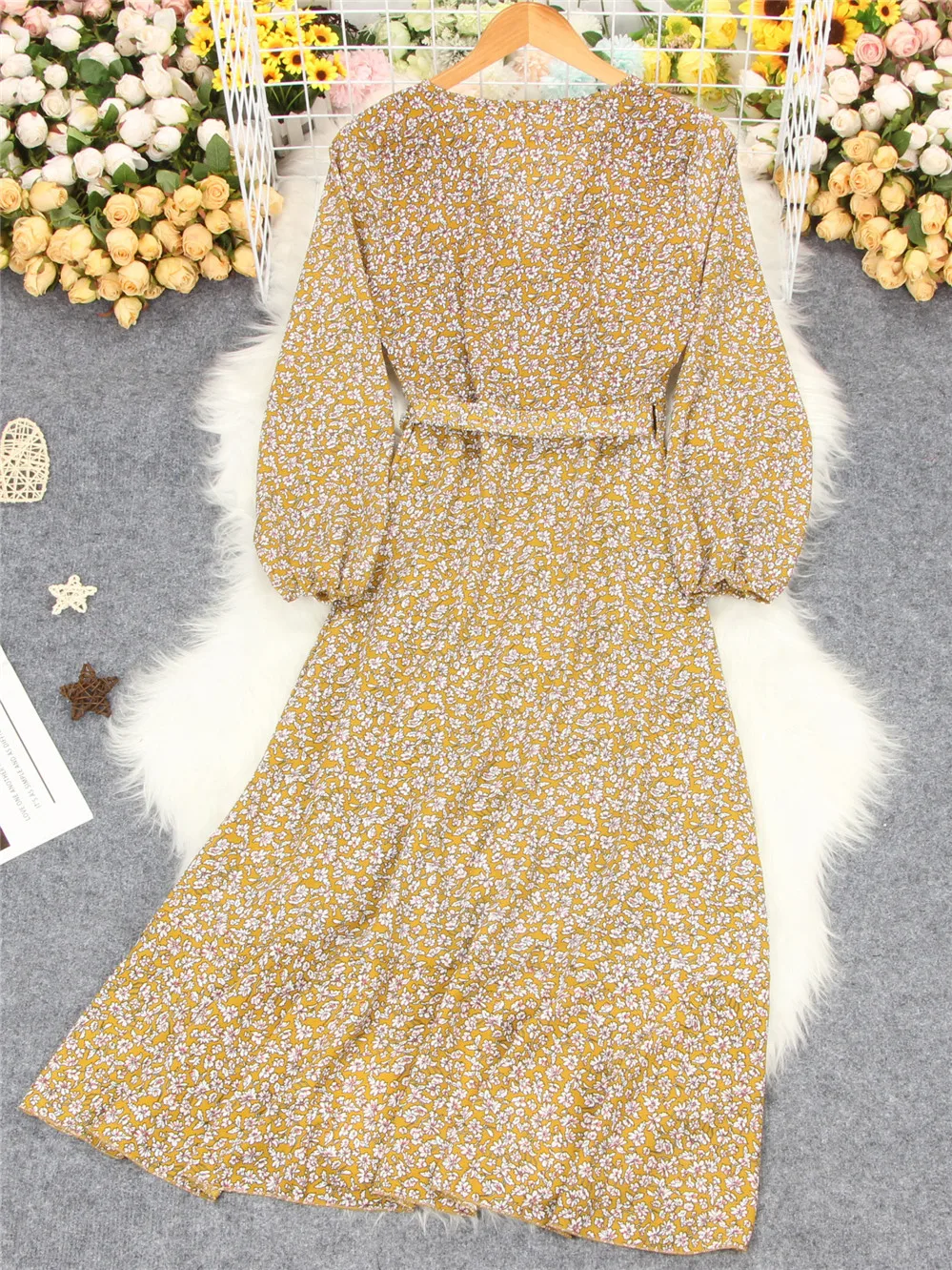 Spring Autumn Floral Long Dress Women Print Bandage V Neck Dress