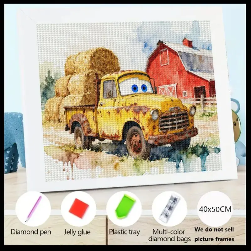 

1 шт. 5D полный дрель DIY комплект алмазной живописи, причудливый мультяшный ржавый желтый сельскохозяйственный грузовик с сеновыми тюками и красным саром в сельской местности