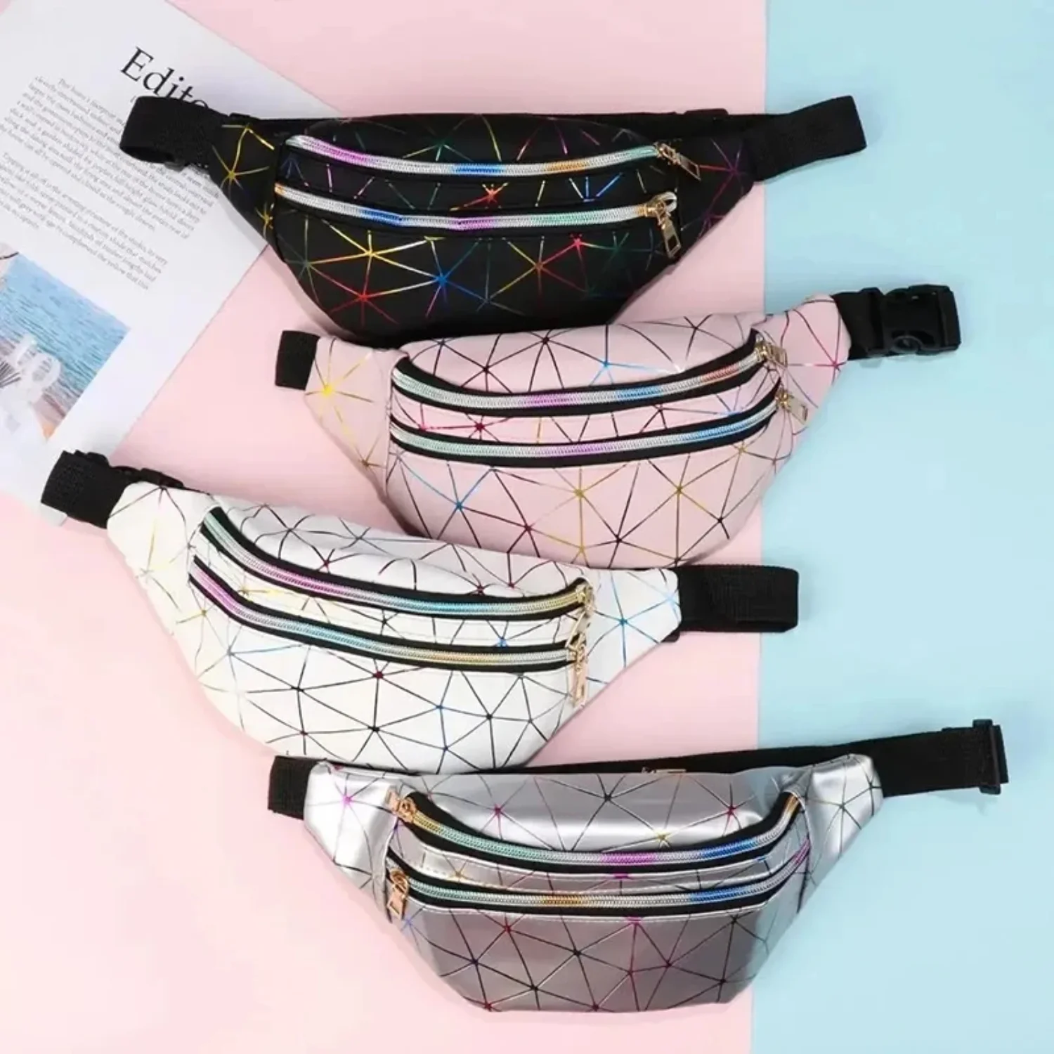 Fashion Unisex Waist Pack PU Laser Geometric Patterns Wallet Adjustable Belt Fishing  Waterproof Fanny Pack Pouch