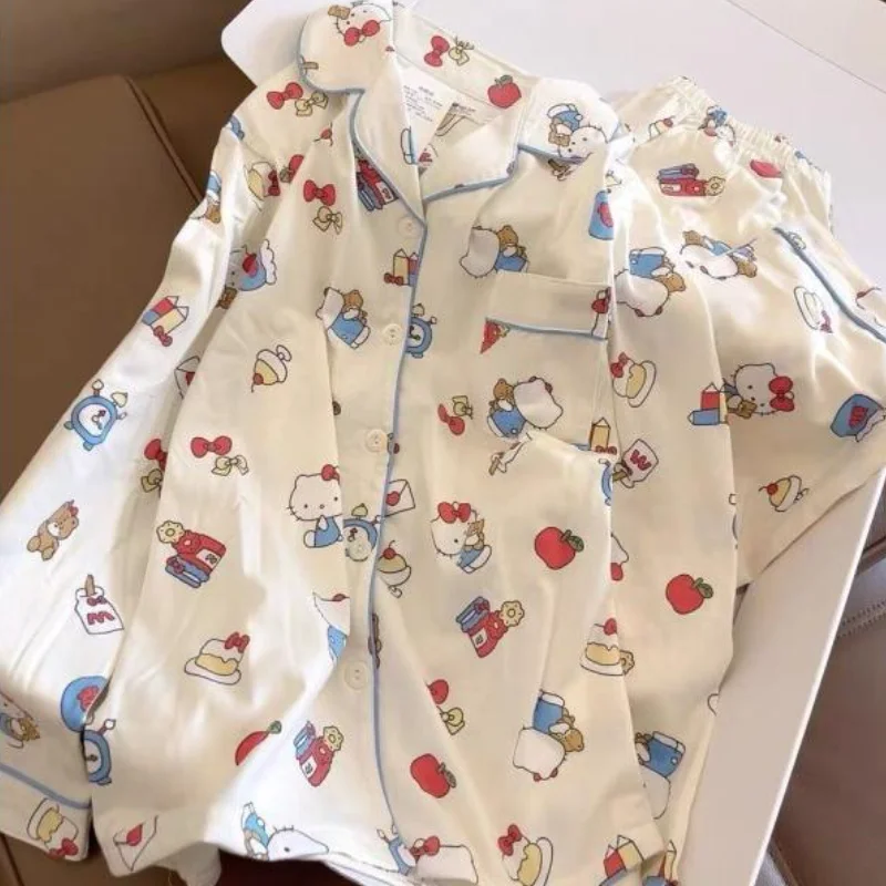 

Женская пижама Sanrio Hello Kitty: мультяшный дизайн, домашняя одежда для девочек, милый комплект для весны и осени, с длинными рукавами и брюками, кардиган, ночная одежда