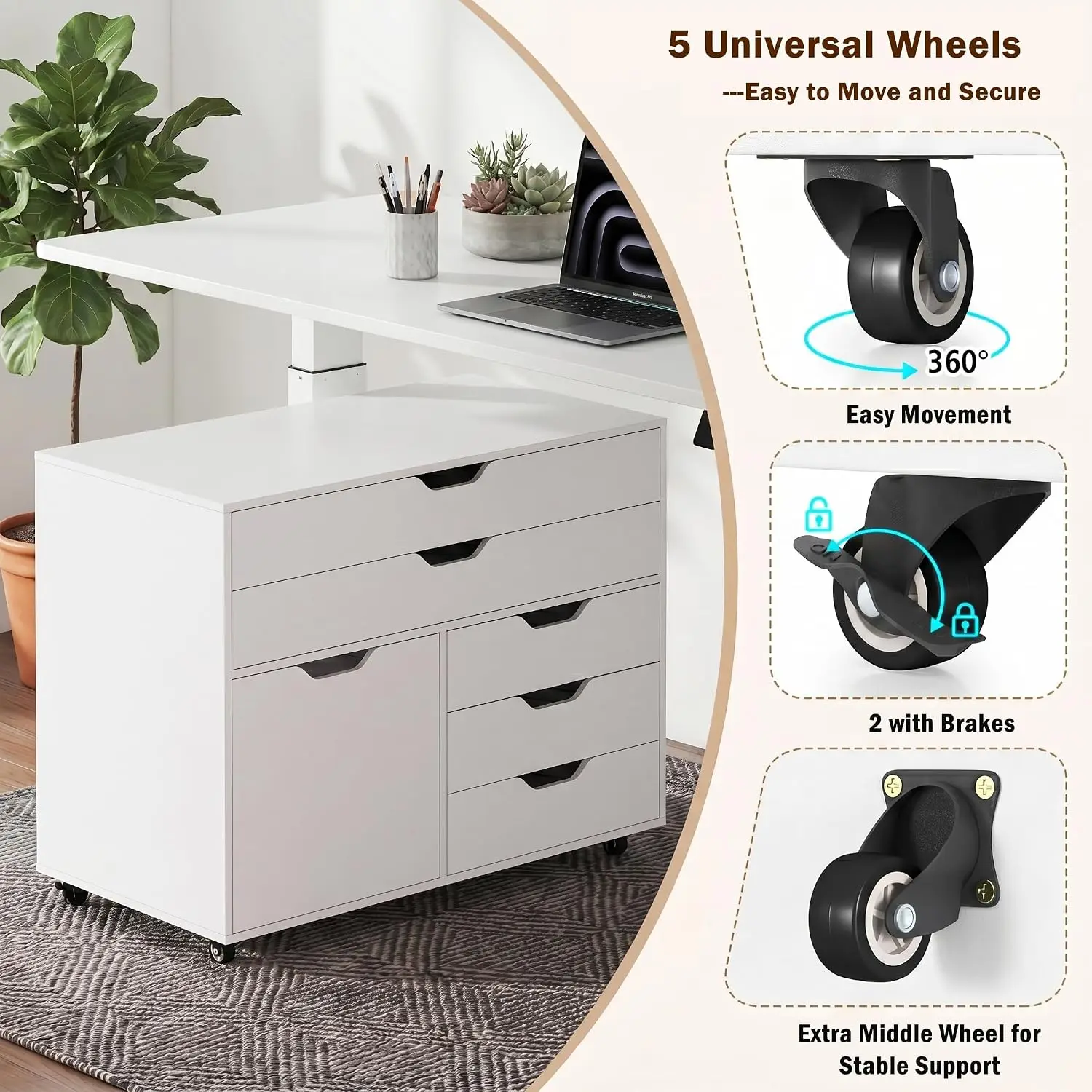 5-Drawer Wood File Cabinet with Side Door Storage & Metal Wheels(2 Self-Locking) for Home Office, White, Customized