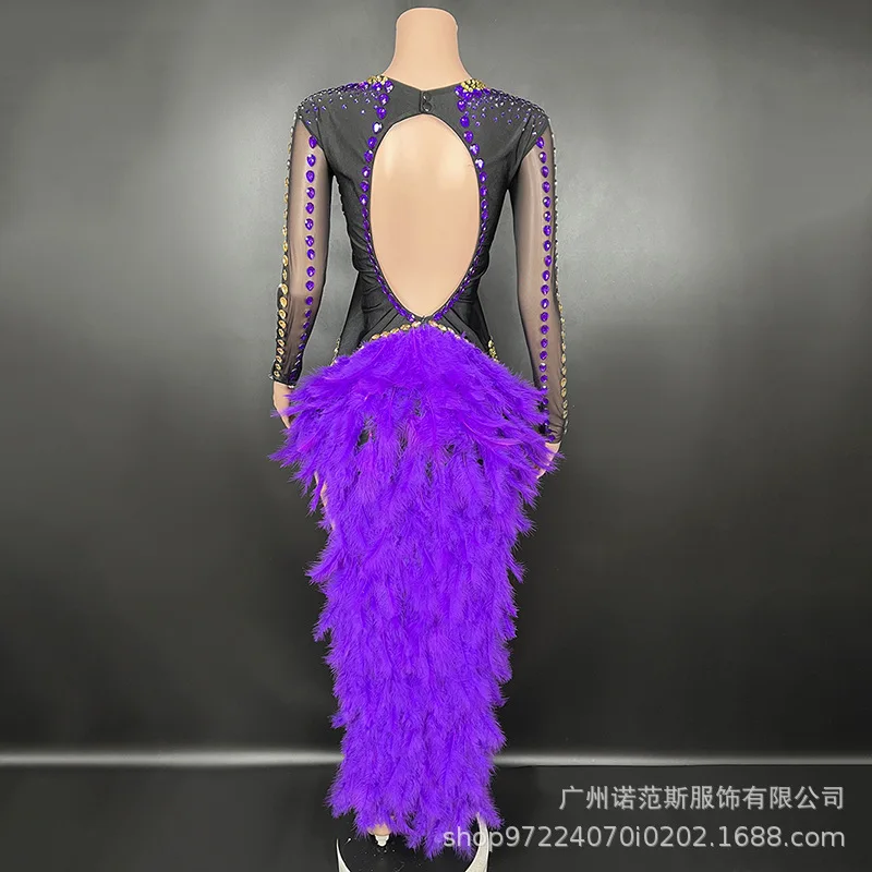 Fioletowe pióro, rozcięcie boczne, seksowne odkryte plecy, kolacja, spotkanie roczne firmy, gwiazda, czerwony dywan, występ na żywo w klubie, ubrania Ever Pretty