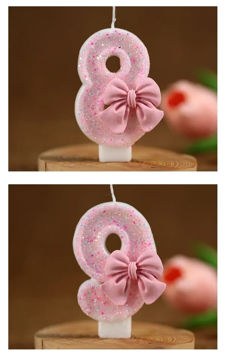 Cute Pink Bow 3D Number Cake Candles for Birthday Party Decorations Birthday Decoration Cake Decorating Tools
