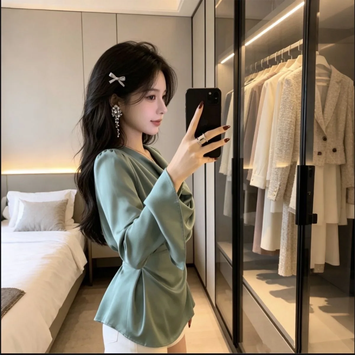 

Elegant Women's Silk Shirt Slim Fit Long Sleeve V-Neck Short Length Waist-Cinching Summer New Style Tying Belt Office Wear