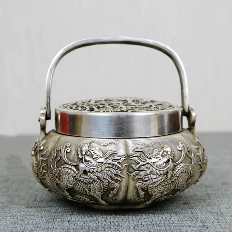 Antique Copper Gilded Silver Exquisite Relief Kirin Incense Burner Warm Hand Stove Folk Art Collection Crafts