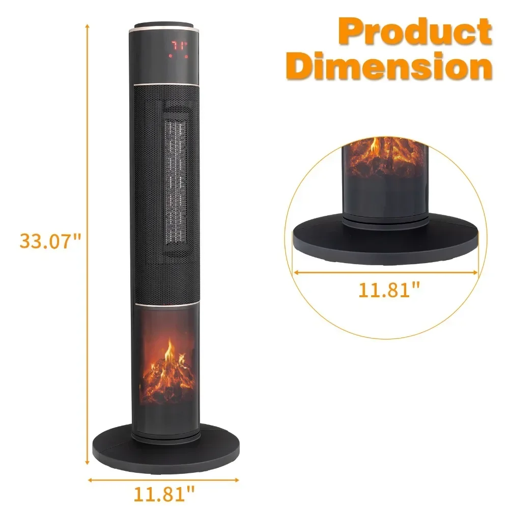 เครื่องทําความร้อนไฟฟ้าแบบพกพา 1500W พร้อมเทอร์โมสตัท 60 °   OscillationTimer รีโมทคอนโทรลสําหรับเครื่องทําความร้อนอวกาศทาวเวอร์ในร่มพร้อมเปลวไฟ 3 มิติ