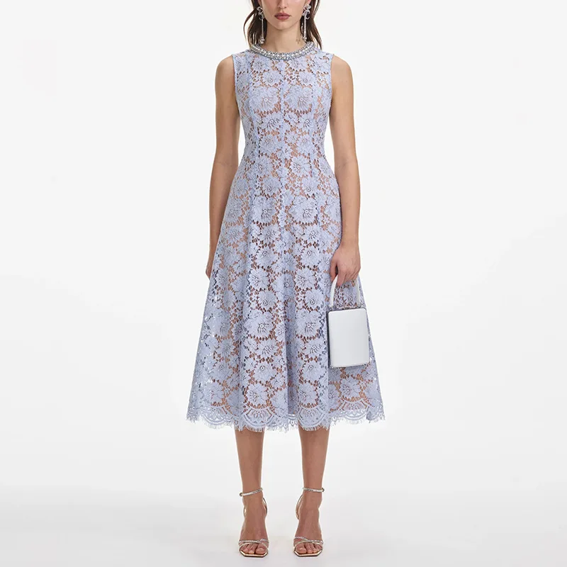 

European and American Elegant Heavy Industry High-Grade Midi Dress2025New Fashion Lace Flower Sleeveless round Neck Dress Women
