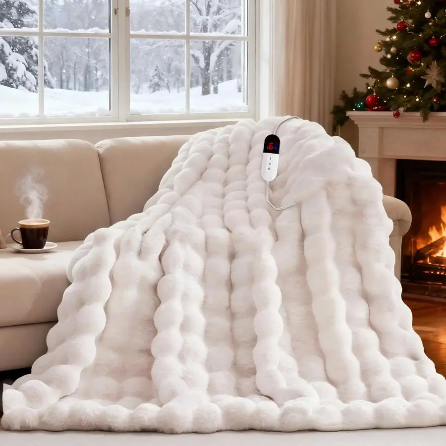 

Blanket Throw with 6 Fast Heating Levels,4 Hours AutoOff,50x60 Cozy Faux Rabbit Fur Bubble Washable Electric Blanket with Overhe