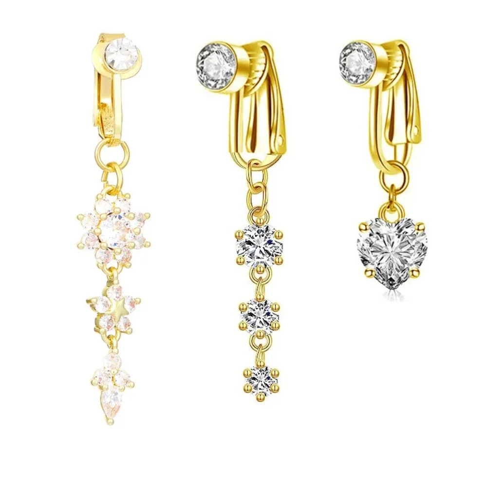 Zircon Clip on Belly Button Ring Heart Design Dangling Chain Style Faux Belly Rings Butterfly Gold No Piercing Belly Ring Women