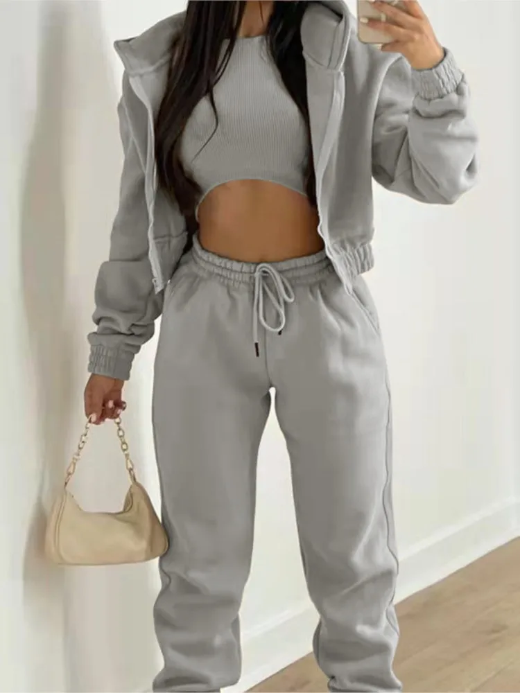 

Women's Solid Zipper 3 Piece Sets Suit 2025 Autumn Winter Casual Long Sleeve Hoodies Sweatpants Jogger Pant Suits Sporty Outfit
