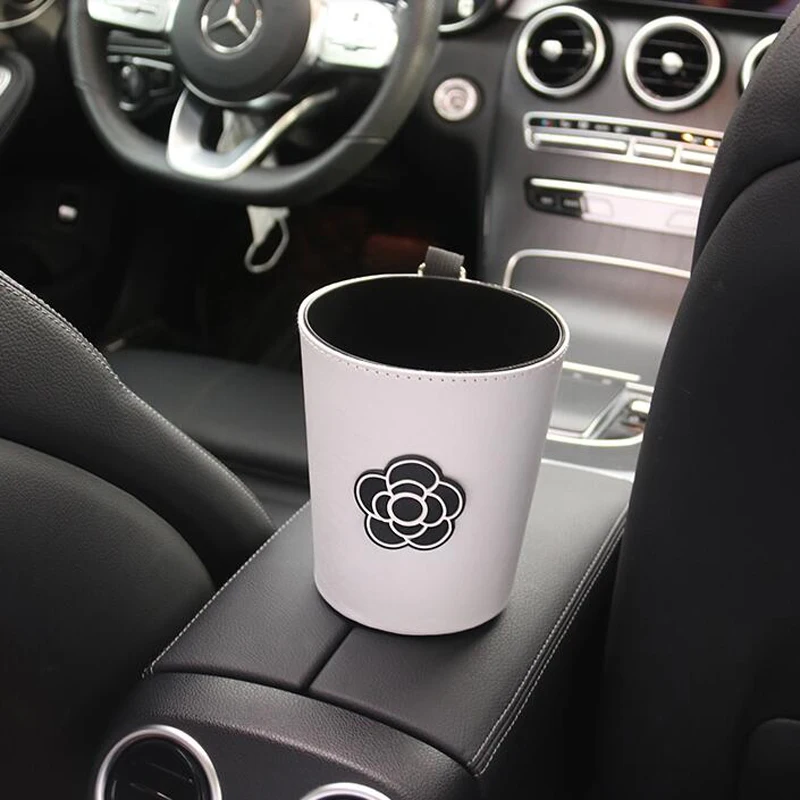 Cute Camellia Flower Car Trash Bin Can for Back Seat Headrest Mini Auto Outlet Air Vent Organizer Rubbish Bag Garbage Storage