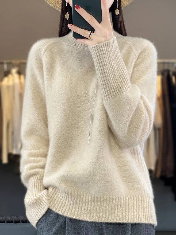 100% Merino Wool Sweater Cashmere Pullover Women Knitwear Mock Neck Long Sleeve Autume Winter Clothing Loose Jumper Tops