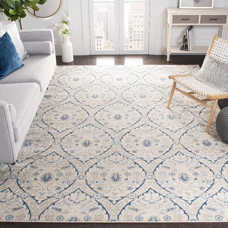 White Blue Floral Pattern Living Room Carpet Foldable Machine Washable Coffee Table Anti-slip Floor Mat Bedroom Bedside Soft Rug