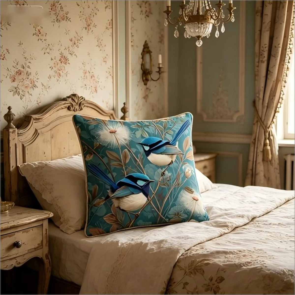 Teal Blue Fairy Wren Bird Print Throw Pillow Cover, Vintage Botanical Floral Decorative Cushion