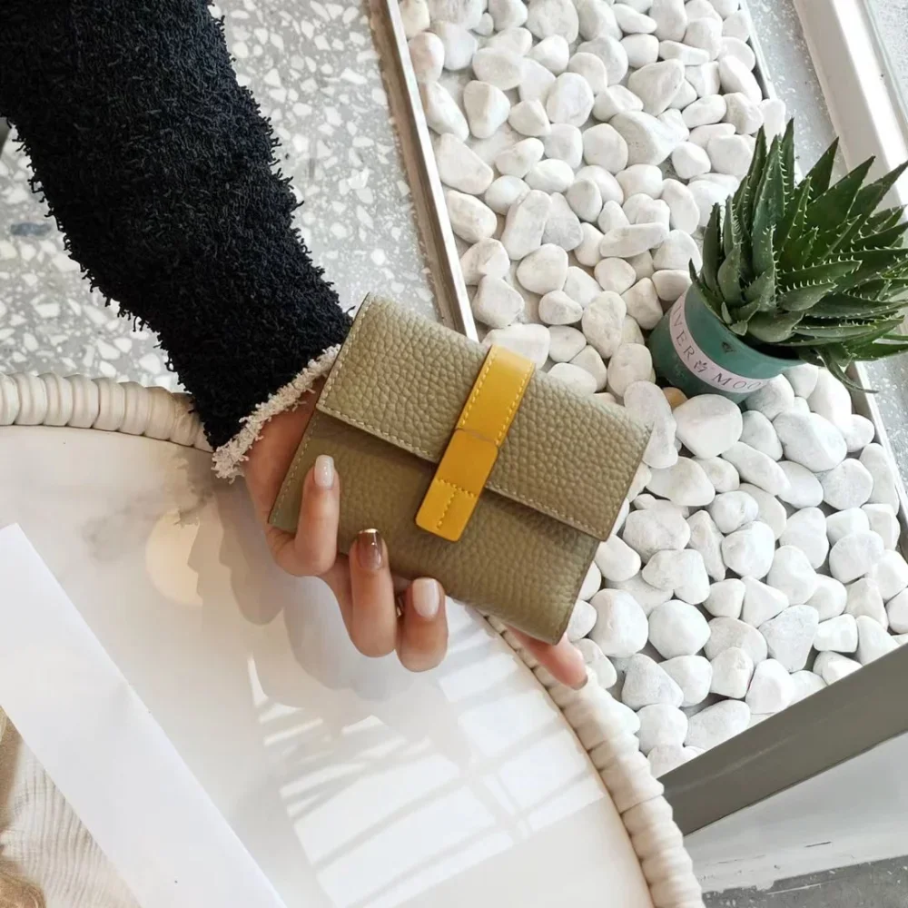 

Women Short Genuine Cow Leather Trifold Wallets Zipper Coin Purse 2024 New Fashion Contrast Color Female Small Card Holder